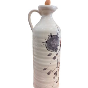 Bottiglia per Olio in ceramica fatta e dipinta a mano con tappo dosatore disegni di Tulipani rossi e grigi