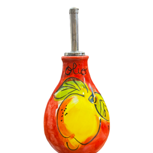 Amarcord Oliera in Ceramica Dipinta a Mano con dosatore e disegno limoni e base rossa