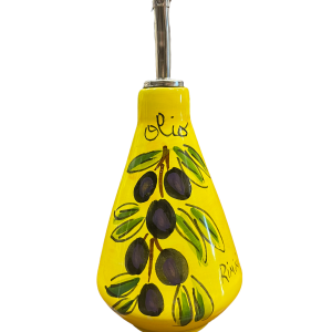 Amarcord Oliera in Ceramica Dipinta a Mano con dosatore e manico disegno olive su base gialla