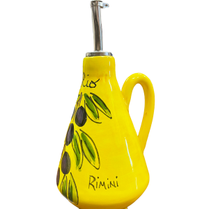 Amarcord Oliera in Ceramica Dipinta a Mano con dosatore e manico disegno olive su base gialla