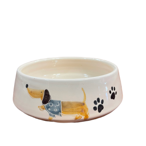 Amarcord Ciotola per cani in ceramica fatta e dipinta a mano con disegno bassotto blu