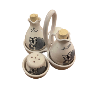 Set Olio, Aceto, Sale e Pepe in ceramica fatto e dipinto a mano con disegno Gatti Grigi