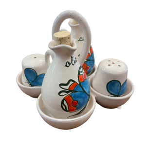 Set Olio, Aceto, Sale e Pepe in ceramica fatto e dipinto a mano con disegno Farfalla Blu