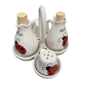Set Olio, Aceto, Sale e Pepe in ceramica fatto e dipinto a mano con disegno Coccinelle