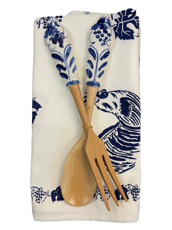 Amarcord Set Strofinaccio in cotone con disegni romagnoli blu + 2 Posate in legno e ceramica
