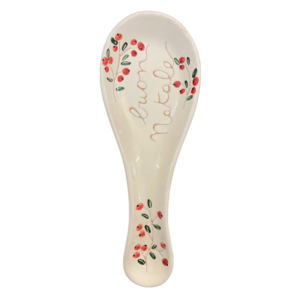 Amarcord Appoggia Cucchiaio in ceramica fatto e dipinto a mano con agrifoglio e scritta "buon natale"