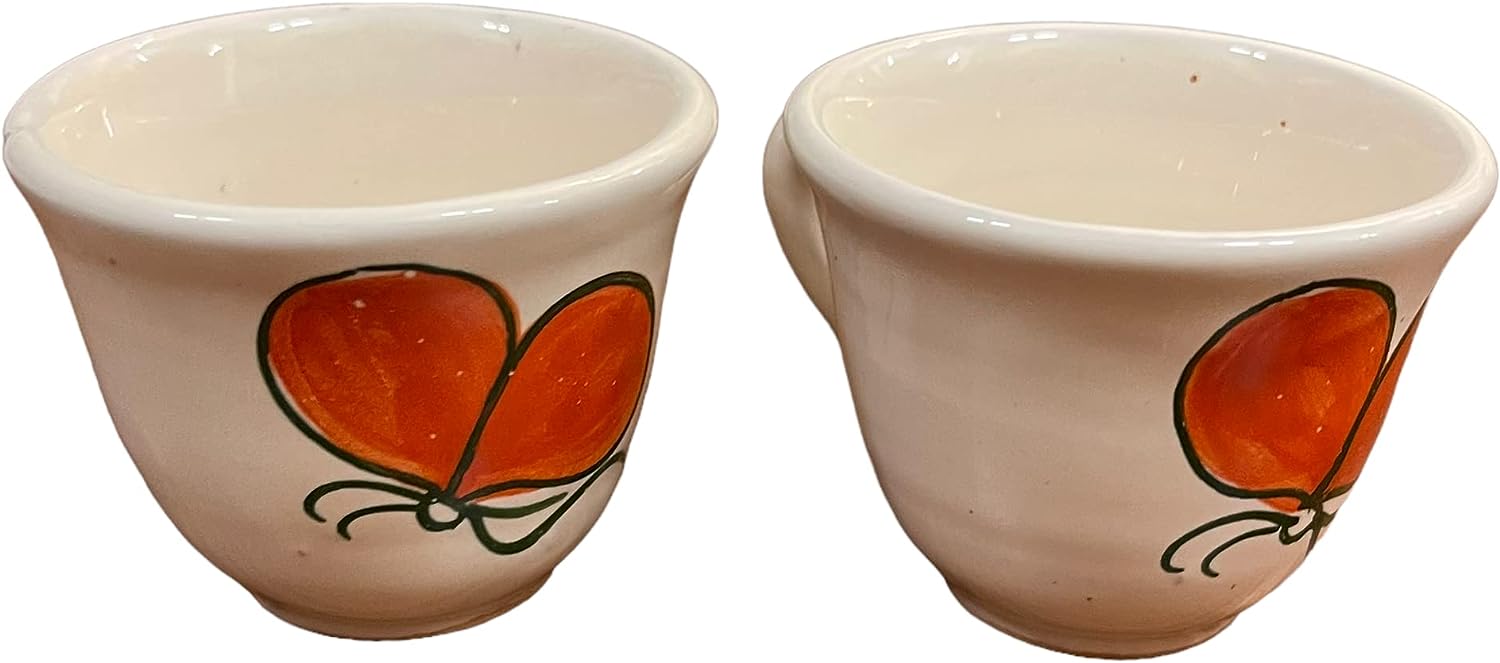 Set Caffè Vassoio a forma di cuore con due tazzine in ceramica fatto e dipinto a mano con disegni farfalle arancioni